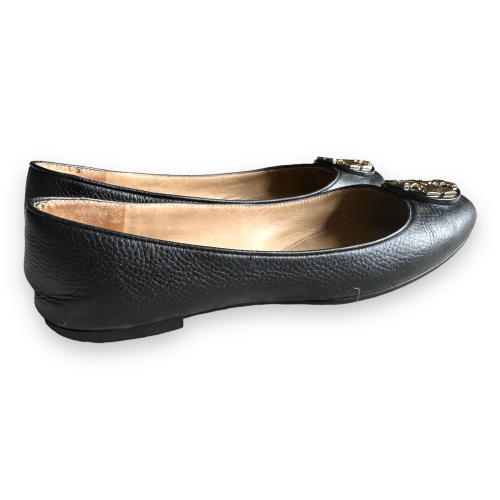 Tory Burch Black Leather Logo Ballet Flats with Gold Emblem - Picture 4 of 11